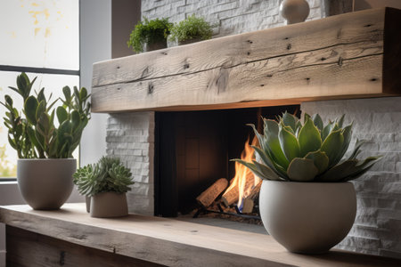 Fireplace with flames in rustic living room, created using generative ai technology. Fireplace, home decor and interior design concept digitally generated image.の素材