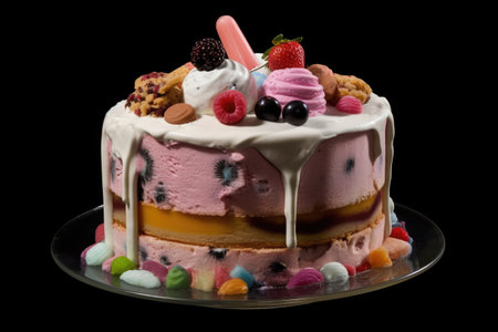 Ice cream cake with white icing and fruits on top, created using generative ai technology. Cake, celebration, treat, sweet food and deserts concept digitally generated image.の素材