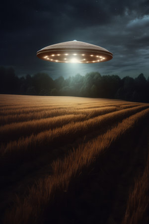 Lit ufo hovering above field at night, created using generative ai technology. Unidentified flying object, outer space and aliens concept digitally generated image.の素材