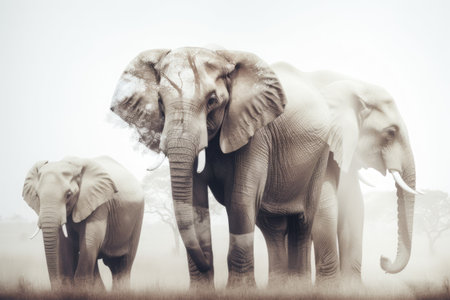 Double exposure with elephants and trees, created using generative ai technology. Double exposure, animal, wildlife and nature concept digitally generated image.の素材