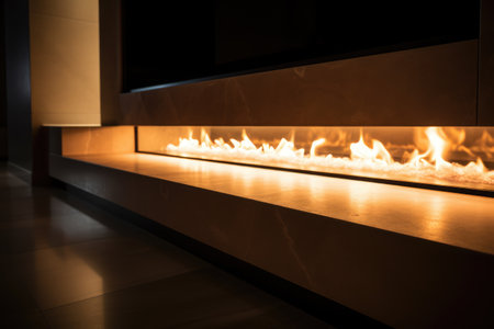 Fireplace with flames in modern living room, created using generative ai technology. Fireplace, home decor and interior design concept digitally generated image.の素材