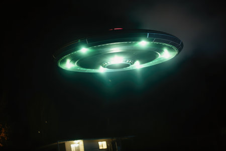 Lit ufo hovering above house at night, created using generative ai technology. Unidentified flying object, outer space and aliens concept digitally generated image.の素材