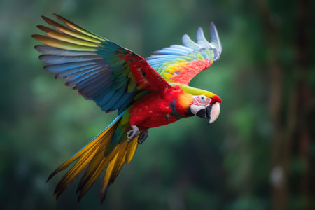 Tropical parrot flying with plants background, created using generative ai technology. Parrot, tropical bird, wildlife and nature concept digitally generated image.の素材