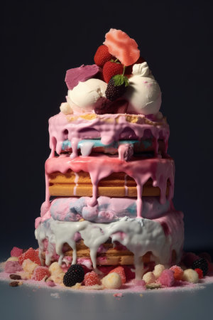 Ice cream cake with pink icing, cream and fruits on top, created using generative ai technology. Cake, celebration, treat, sweet food and deserts concept digitally generated image.の素材