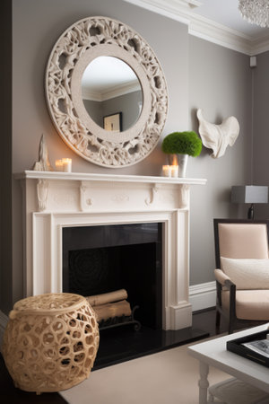 Fireplace with mirror and decorations in modern living room, created using generative ai technology. Fireplace, home decor and interior design concept digitally generated image.の素材