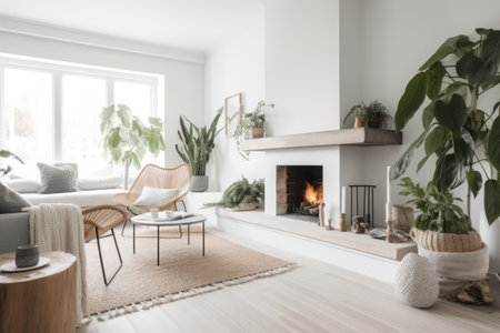 Fireplace with flames in modern living room, created using generative ai technology. Fireplace, home decor and interior design concept digitally generated image.の素材