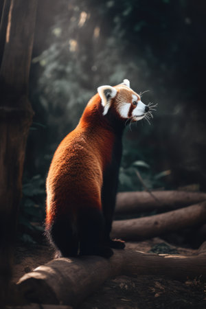 Red panda on branch in forest, created using generative ai technology. Animal, wildlife and nature concept digitally generated image.の素材