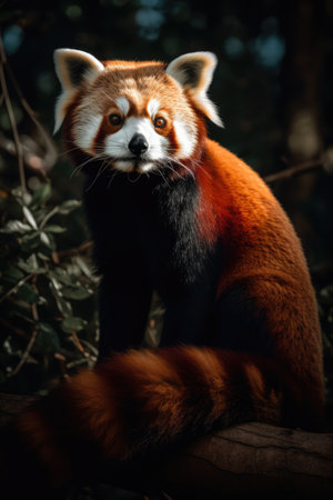 Red panda on branch in forest, created using generative ai technology. Animal, wildlife and nature concept digitally generated image.の素材