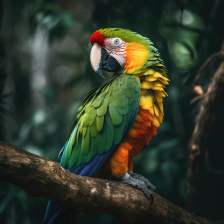 Close up of tropical parrot on dark background, created using generative ai technology. Parrot, tropical bird, wildlife and nature concept digitally generated image.の素材