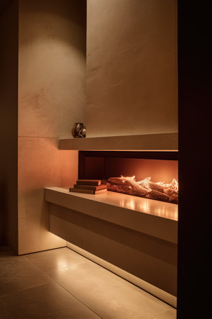 Fireplace with flames in modern living room, created using generative ai technology. Fireplace, home decor and interior design concept digitally generated image.の素材