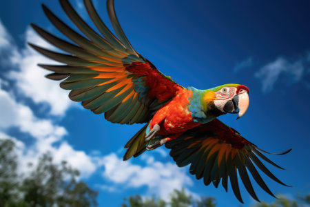 Tropical parrot flying with trees and sky background, created using generative ai technology. Parrot, tropical bird, wildlife and nature concept digitally generated image.の素材