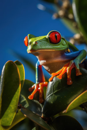 Close up of red eyed tree frog on leaf, created using generative ai technology. Animal, amphibians, wildlife and nature concept digitally generated image.の素材