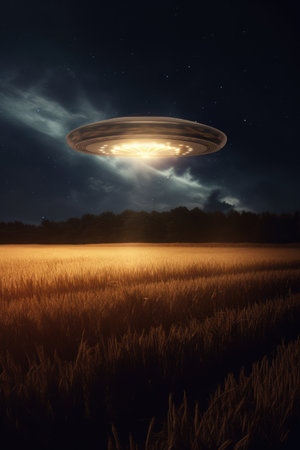 Lit ufo hovering above field at night, created using generative ai technology. Unidentified flying object, outer space and aliens concept digitally generated image.の素材
