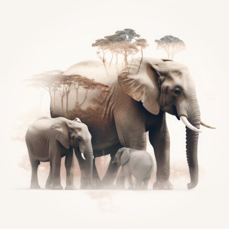Double exposure with elephants and trees, created using generative ai technology. Double exposure, animal, wildlife and nature concept digitally generated image.の素材