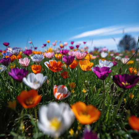 Colourful spring flowers at field over blue sky, created using generative ai technologyの素材