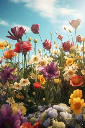 Colourful spring flowers at field over blue sky, created using generative ai technologyの素材