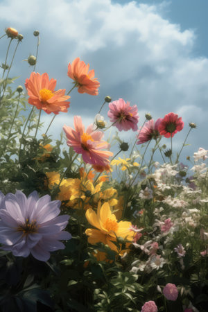 Colourful spring flowers at field over blue sky and clouds, created using generative ai technologyの素材