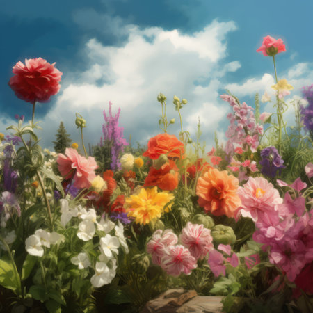 Colourful spring flowers at field over blue sky and clouds, created using generative ai technologyの素材