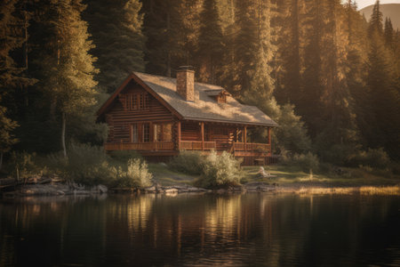 Wooden cabin in forest by lake, created using generative ai technologyの素材