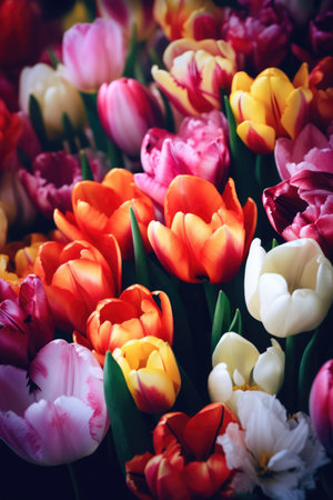 Close up of multi coloured tulips background, created using generative ai technology. Flower, colour, spring and summer concept digitally generated image.の素材