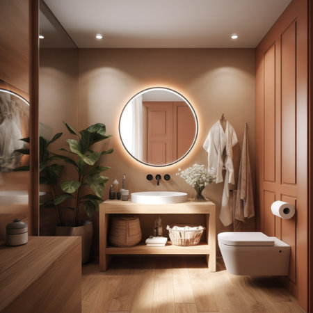 Modern bathroom with mirror and lights, created using generative ai technology. Global technology and computer chip concept digitally generated image.の素材