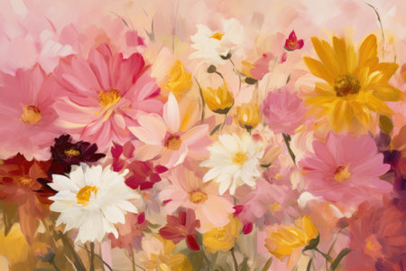 Close up of multi coloured flowers background, created using generative ai technology. Flower, colour, spring and summer concept digitally generated image.の素材
