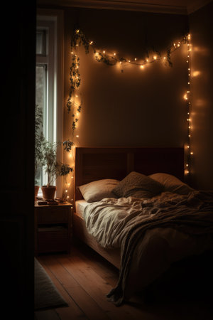 Photo for Bedroom decorated with strings of fairy lights, created using generative ai technology - Royalty Free Image