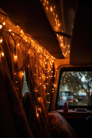 Camper van decorated with strings of fairy lights, created using generative ai technologyの素材