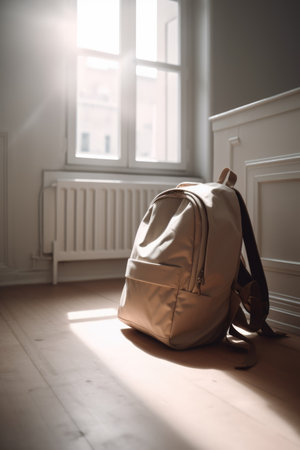 Close up of beige school bag on the floor, created using generative ai technologyの素材