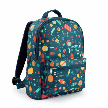 Close up of patterned school bag on white background, created using generative ai technologyの素材
