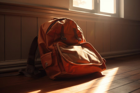 Close up of yellow school bag on wooden floor, created using generative ai technologyの素材