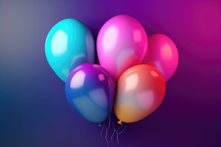 Pink, orange and blue party balloons against grey wall, created using generative ai technologyの素材