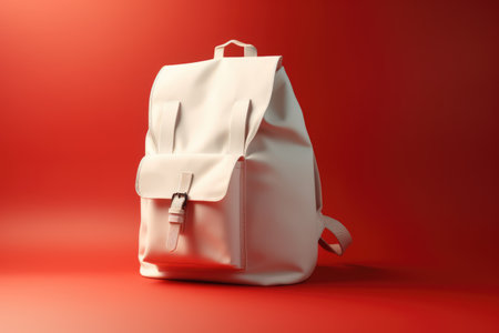 Close up of white school bag on red background, created using generative ai technologyの素材