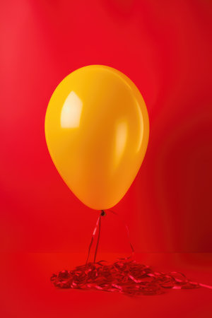 Yellow party balloon with red string on red background, created using generative ai technologyの素材