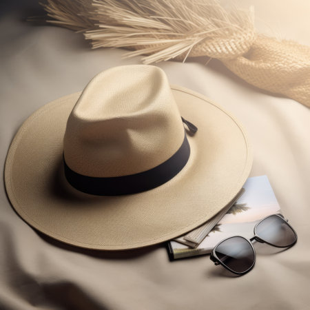Sunhat, sunglasses and tropical postcard on beige fabric, created using generative ai technologyの素材