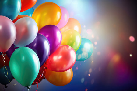 Colourful party balloons against smoke and coloured lights, created using generative ai technologyの素材