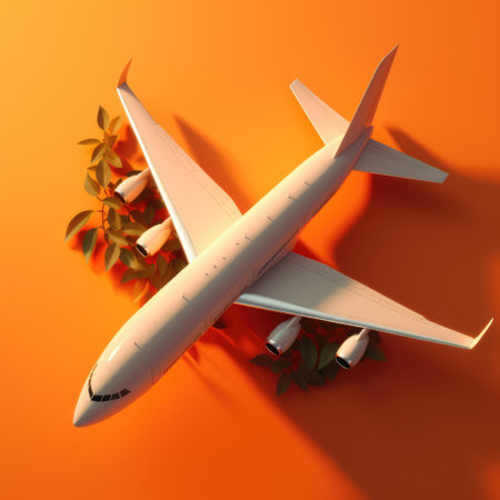 White passenger jet plane and leaves on orange background, created using generative ai technologyの素材