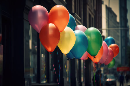 A row of colourful helium party balloons on city street, created using generative ai technologyの素材