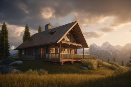 Wooden cabin in mountain landscape, created using generative ai technologyの素材