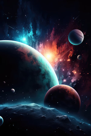 Solar system with planets and stars on night sky, created using generative ai technologyの素材