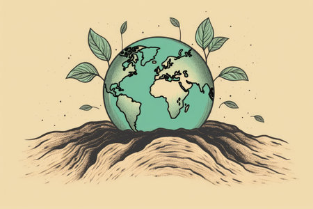 Globe in ground with green leaves over beige background, created using generative ai technologyの素材