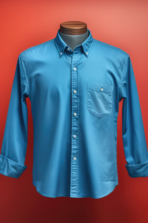 Blue buttoned shirt with copy space on red background, created using generative ai technologyの素材