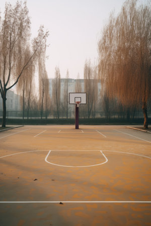 Basketball court surrounded by trees, created using generative ai technologyの素材
