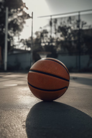 Basketball in basketball court surrounded by trees, created using generative ai technologyの素材