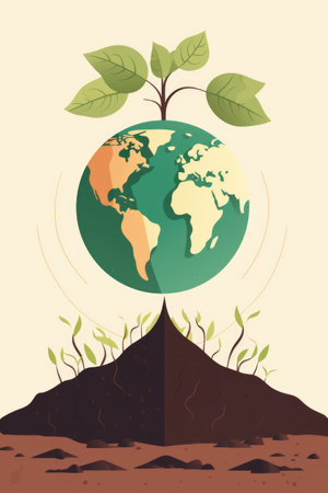 Globe with green plant and mountain over beige background, created using generative ai technologyの素材