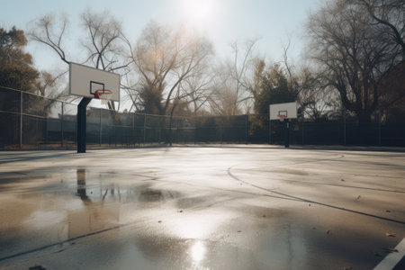 Wet basketball court and surrounded by trees, created using generative ai technologyの素材
