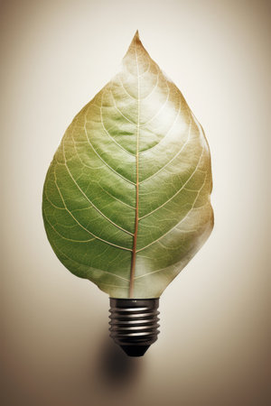 Lightbulb made of leaf on green background, created using generative ai technologyの素材