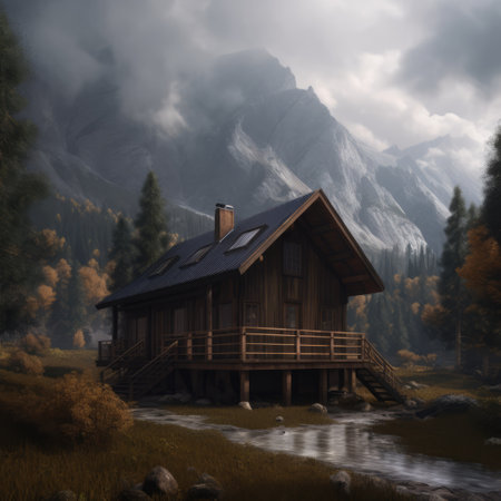 Wooden cabin in mountain landscape, created using generative ai technologyの素材