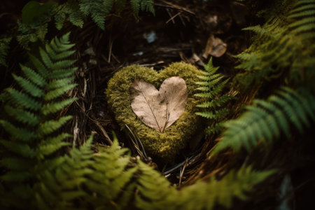 Green leaves with heart shape leaf, created using generative ai technologyの素材
