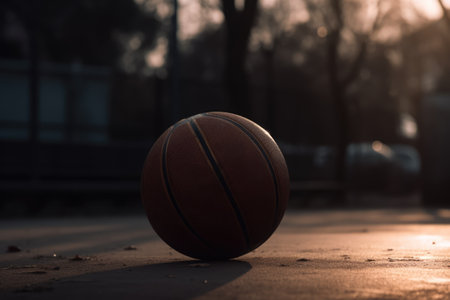 Basketball in basketball court surrounded by trees, created using generative ai technologyの素材